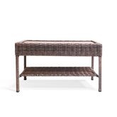 Cambridge Wicker Outdoor Coffee Table with all-weather resin wicker, powder-coated frame, slatted top, and built-in shelf. Perfect for Oakville, ON.